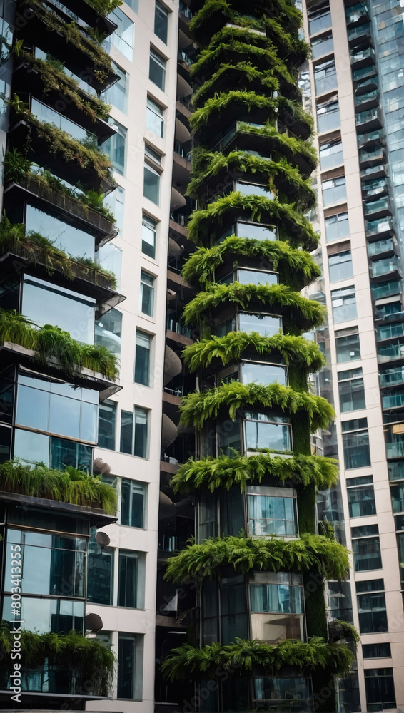 A visionary urban landscape, a city embracing environmental consciousness with vertical forests, transforming skyscrapers into green havens.