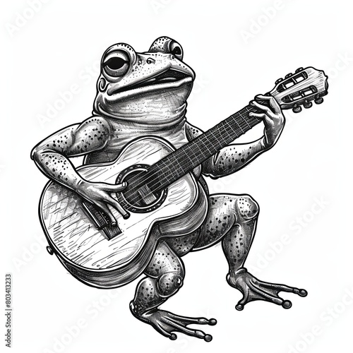 A frog or toad plays the guitar. An unusual musician. Painting in the style of engraving or pencil drawing. Black and white illustration for design. © Login