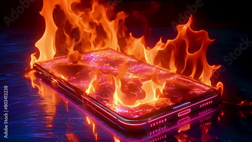 Mobile phone battery overheated burning flames. Smartphone on fire. Burning smartphone with bad battery exploded or overloaded processor 4k video Overprocessed burn photo