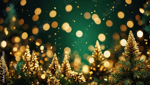 Abstract background with deep green and gold particles. Christmas golden light shine particles bokeh on pine backdrop. Gold foil texture. Holiday concept.