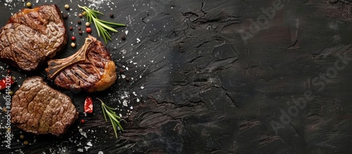 Beef steak and veal on a black wooden surface, seen from above with empty space for text. photo