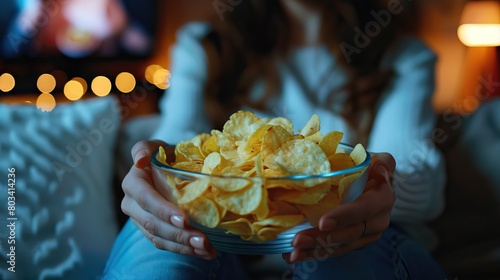 Close up of a woman's hands holding a bowl with potato chips on the sofa in front of the tv at night. AI generated illustration