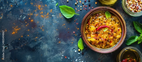 Homemade spicy mango pickle made with raw green mango, salt, red chili powder, oil, and fenugreek seeds. Moody background with copy space. photo