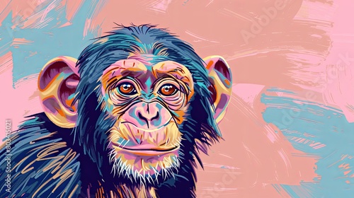 Close-up portrait of a chimpanzee in the style of impasto or thick oil strokes. Monkey looking at something. Illustration for cover, postcard, interior design, poster, brochure or presentation.