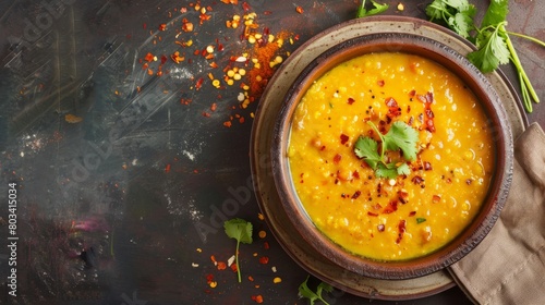 Spicy and creamy pumpkin soup served in a rustic bowl, evoking the warmth of autumn meals