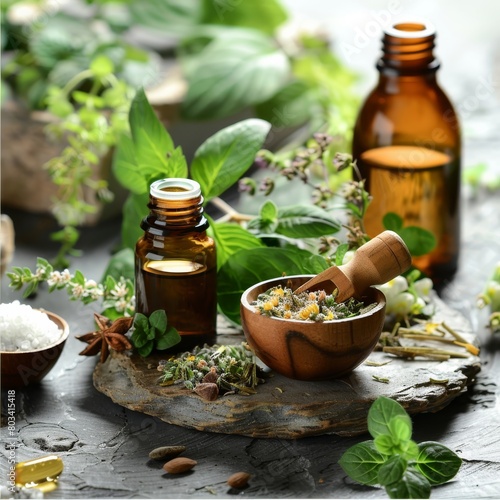 Laying out a variety of herbs and essential oil bottles for natural medicine preparation, showcasing homeopathic health remedies