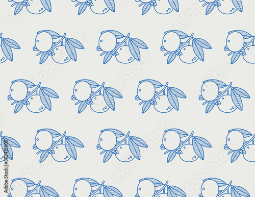 Seamless pattern of the mandarin branch with fruits. Line art, retro. Plants and herbs for cosmetics.