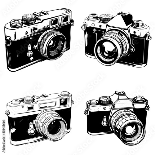 Four vectors of oldschool retro camera, black and white