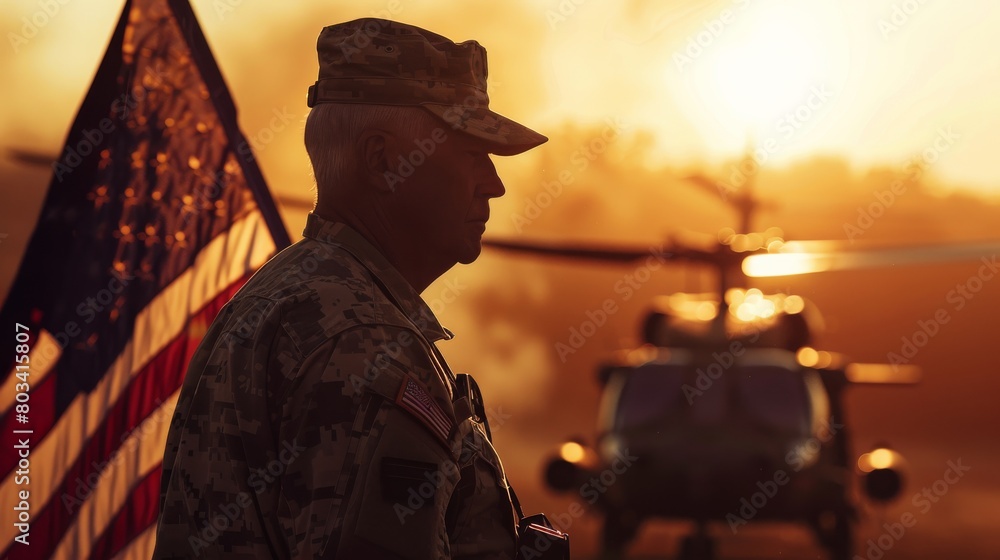 An imposing military figure in uniform is silhouetted before a sunset with a helicopter in the background and the American flag flying proudly