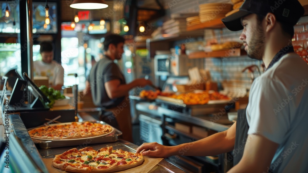 An inside look at a busy pizzeria kitchen with chefs preparing fresh pizzas ready to be enjoyed by customers