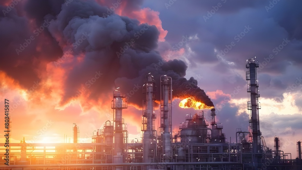 Fire and Explosion at Industrial Oil Refinery Releases Dark Smoke into the Sky. Concept Industrial Accident, Environmental Impact, Oil Refinery, Dark Smoke, Emergency Response