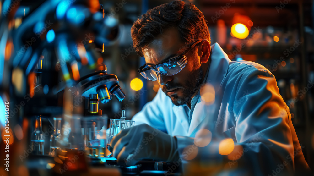 scientist uses microscope to study biology, engineer researching medicine engineering project, health or life science and technology concept scientist uses microscope to study biology, engineer researching medicine engineering project, health or life science and technology concept