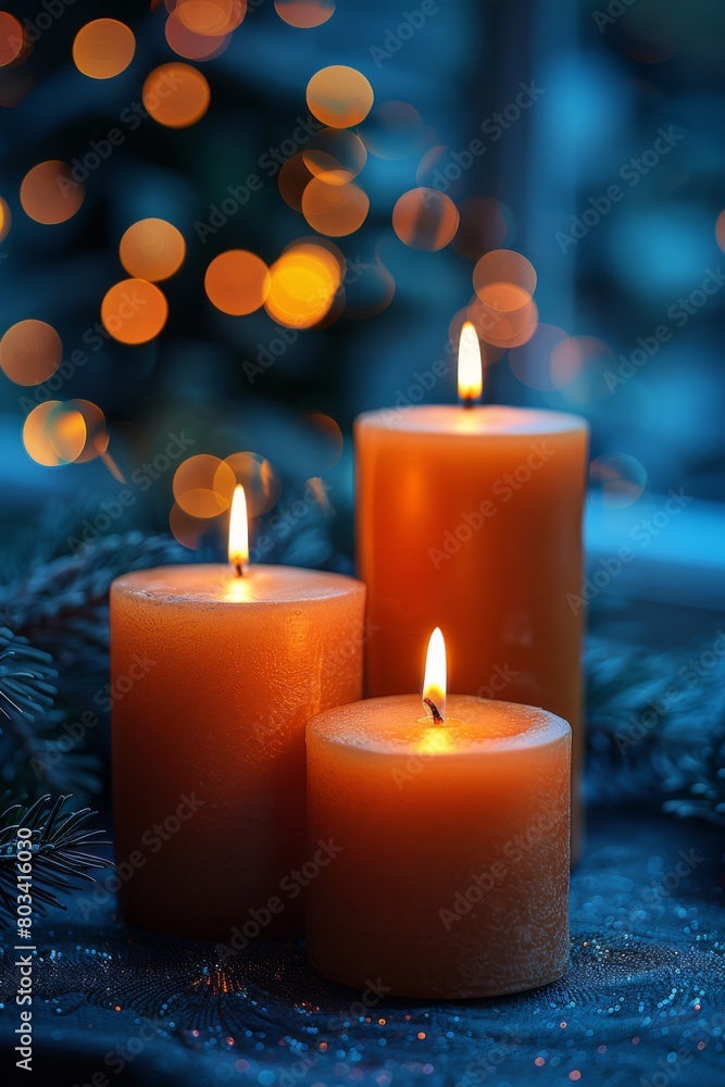 Three candles are lit on a table with christmas lights, AI Three candles are lit on a table with christmas lights, AI