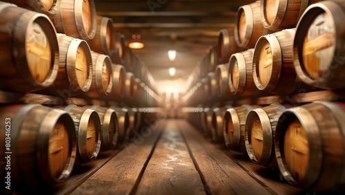 Wine cellar filled with barrels for aging and storage. Concept Wine Cellar, Barrel Aging, Storage Facility, Wine Collection, Winemaking Process photo
