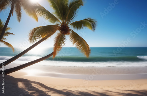 Palm tree on tropical beach with blue sky and white clouds abstract background. Copy space of summer vacation and business travel concept. Vintage tone filter effect color style.