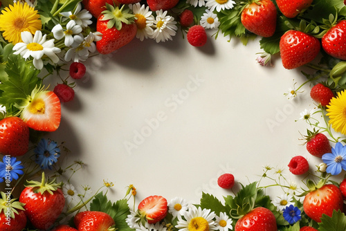 Summer meadow flowers with strawberries and raspberries, copy space. for posters, banners, invitations, greeting cards.