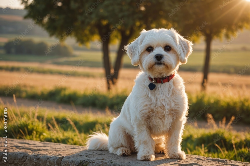 full body of Maltese dog on blurred countryside background, copy space full body of Maltese dog on blurred countryside background, copy space