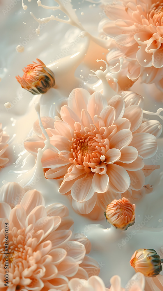 Closeup of pink and orange flowers in a bowl of milk