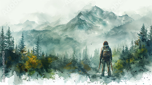watercolor painting style of a hunter in the woods photo