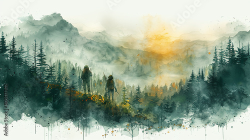 watercolor painting style of a hunter in the woods