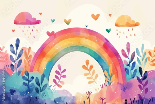 A colorful rainbow surrounded by hearts  clouds  trees and flowers. Generative AI.