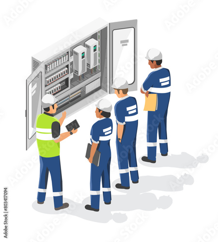 plc controller machine system box training technicians engineering service maintenance programmable logic controller in factory and production line isometric isolated vector