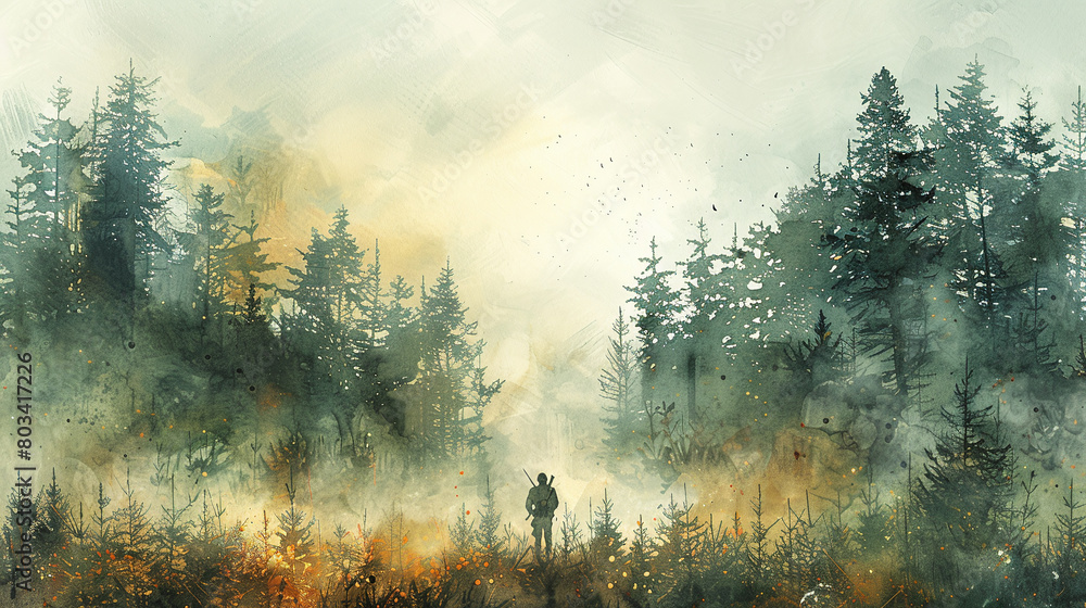 Naklejka premium watercolor painting style of a hunter in the woods