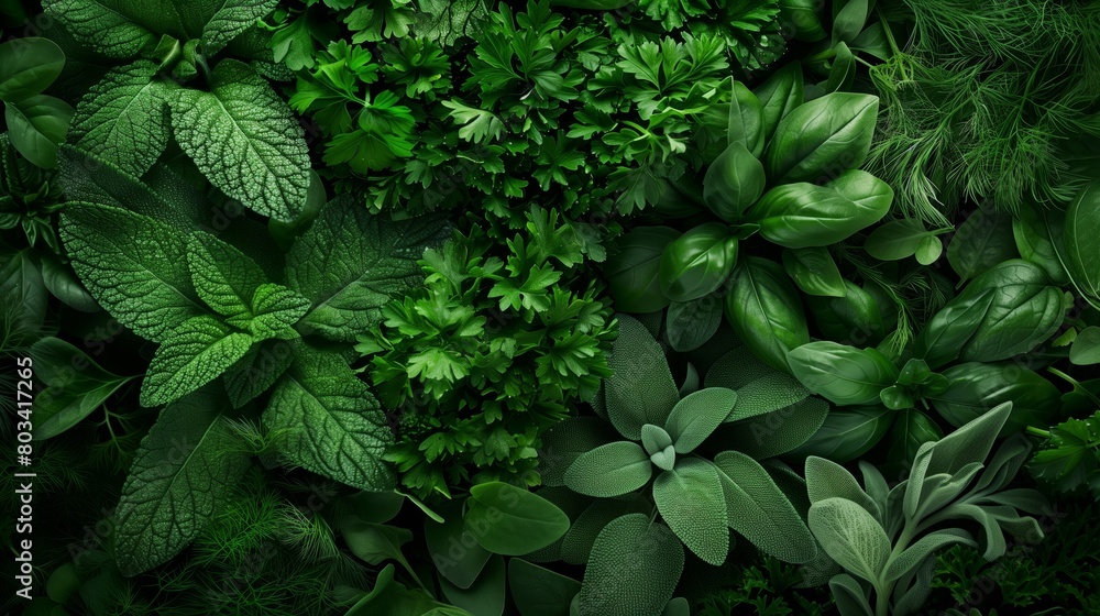 A lush arrangement of various green culinary herbs and leaves filling the frame with rich textures. A lush arrangement of various green culinary herbs and leaves filling the frame with rich textures.