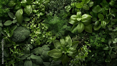 Lush display of various fresh herbs and leafy greens arranged densely, offering a natural green texture. photo