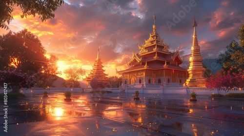 Golden Chedi of Wat Phra That Si Chom Thong Illuminated by a D Rendered Sunlight