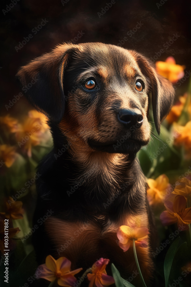 A dog is seen up close among vibrant flowers in a field, exuding a sense of curiosity and playfulness