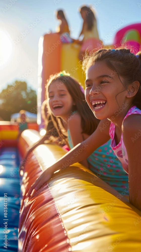 Fototapeta premium A group of young girls are having fun on a bouncy castle. Generative AI.