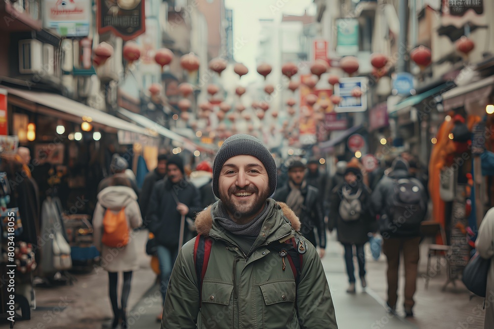 a happy traveler, walking towards the camera in a crowded street. generative AI