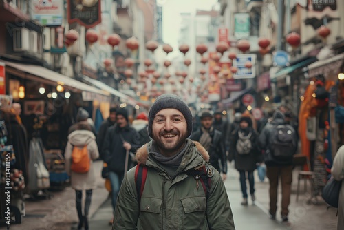 a happy traveler, walking towards the camera in a crowded street. generative AI