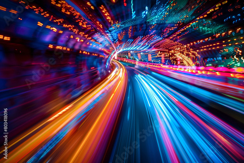 A mesmerizing shot capturing the dynamic energy of a car racing through the night, with streaks of light and vibrant cityscape creating a visually arresting scene.