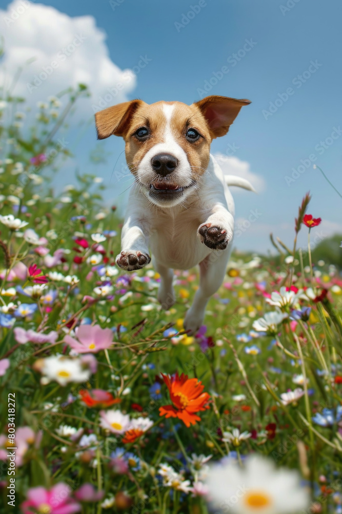 A dog joyfully runs through a colorful field of blooming flowers A dog joyfully runs through a colorful field of blooming flowers