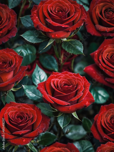 An elegant display of top-view red roses  forming a delightful floral pattern wallpaper for any space.