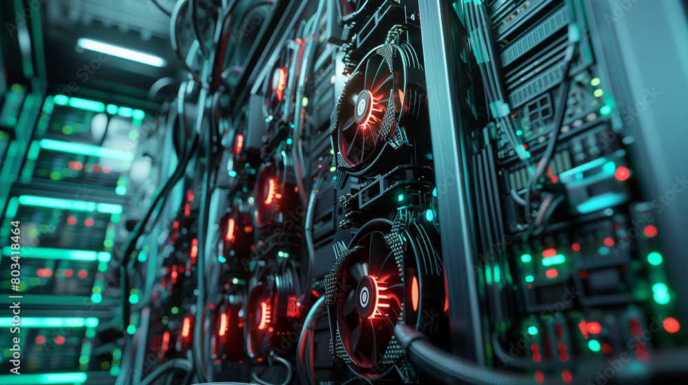 Detailed view of GPU racks in a data center, featuring cutting-edge cooling and lighting technology for optimal AI computational performance. Image made using Generative AI Detailed view of GPU racks in a data center, featuring cutting-edge cooling and lighting technology for optimal AI computational performance. Image made using Generative AI