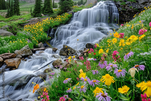 A cascading waterfall surrounded by colorful wildflowers in full bloom.