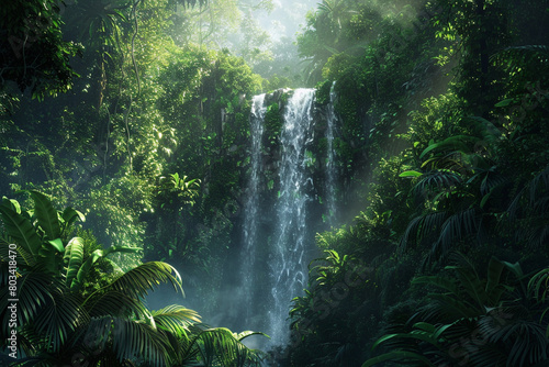 A cascading waterfall hidden deep within a dense jungle