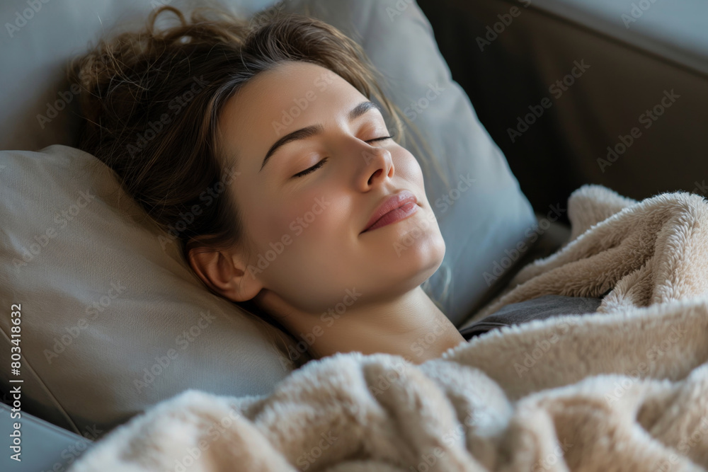 Young woman enjoys a restful nap on a cozy couch, wrapped in a soft beige blanket, embodying tranquility and the simple pleasure of relaxation at home Young woman enjoys a restful nap on a cozy couch, wrapped in a soft beige blanket, embodying tranquility and the simple pleasure of relaxation at home