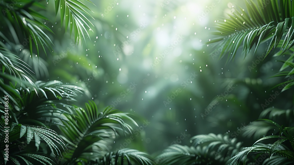 A close up of a tropical jungle with rain drops on the leaves, AI