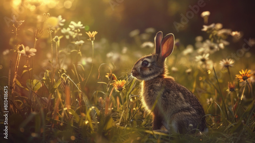 A rabbit sitting calmly surrounded by colorful flowers in a lush field