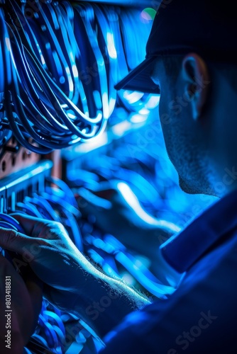 an IT technician is depicted working on network cables in an office environment. The scene is bathed in blue hues with focused lighting 