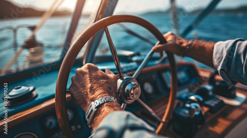 Close-up of a man's hands steering a boat with a wooden wheel during a sunny day at sea. photo