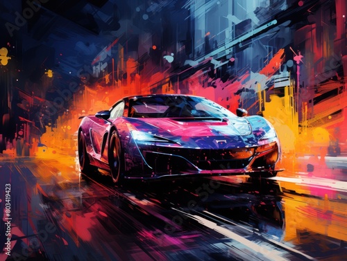 Fototapeta Naklejka Na Ścianę i Meble -  A sports car is painted in shades of purple, pink, and blue, driving down a street with a colorful, artistic effect.
