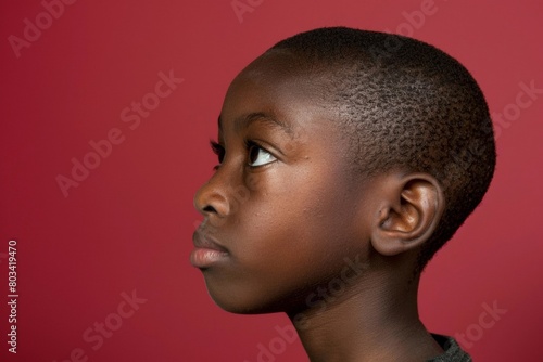 African American Young Boy Against Red Background - Ethnic Representation, Youth Culture, Cultural Diversity © melhak