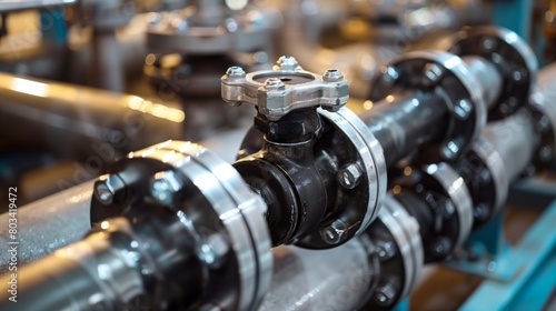 Close-up view of a complex pipeline system with a handwheel valve in an industrial setting. photo