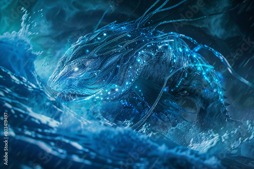 A mesmerizing shot of a deep-sea creature illuminated by the glow of bioluminescent organisms, in the midst of stormy blue water waves.