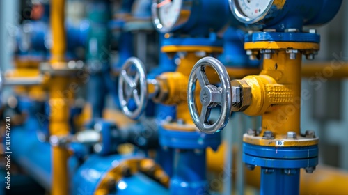 Vibrant industrial machinery featuring yellow and blue valves and pipes with pressure gauges.